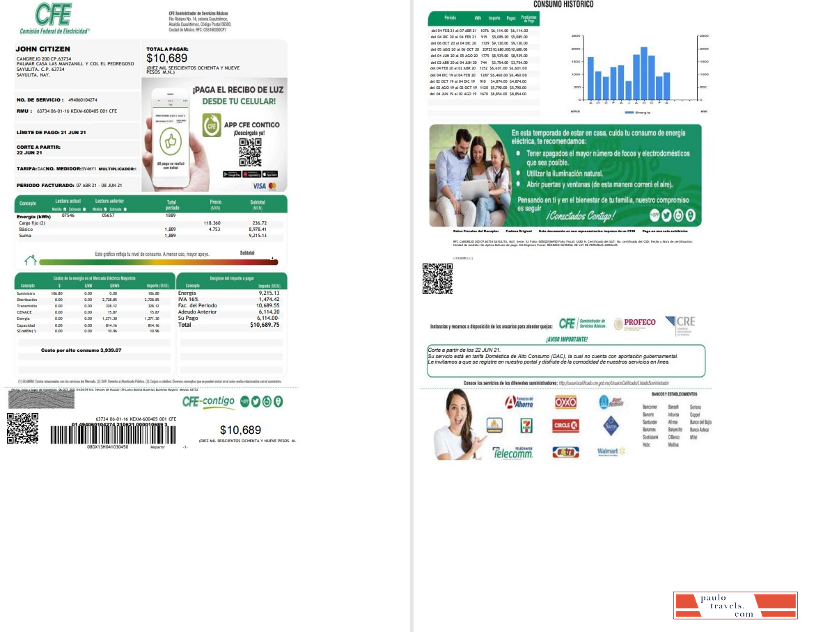 Mexico Federal Electricity Commission (CFE) utility bill template in Word format, 2 pages